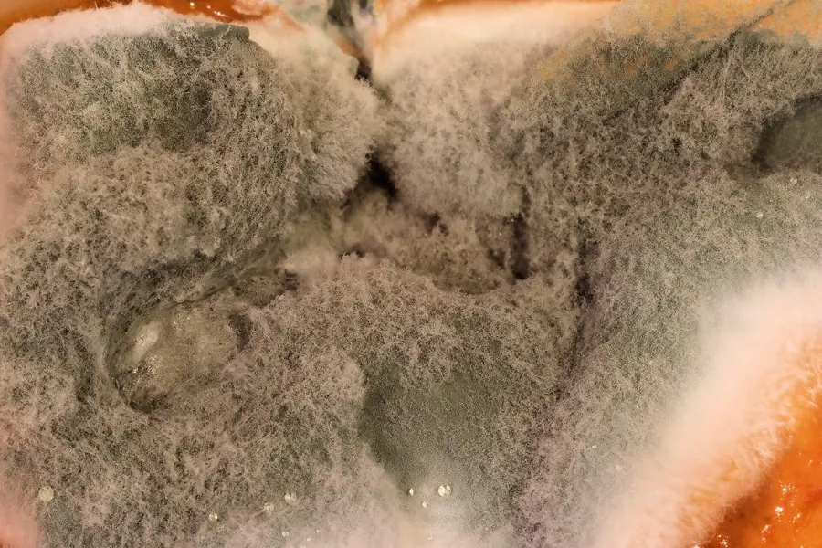 Grey-green Penicillium mould growing on a red surface