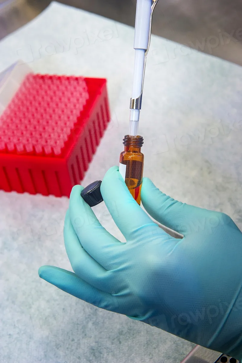 Gloved hands holding a small amber sample vial
